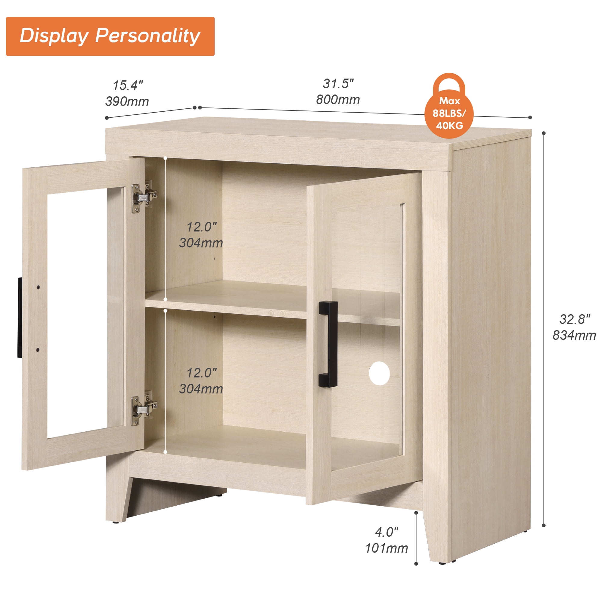 WAMPAT Modern Farmhouse TV Stand up to 40"TV, Entertainment Center with Tempered Glass Doors & Adjustable Shelves, Beige