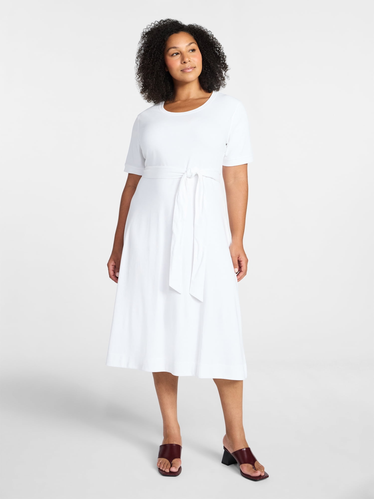 Time and Tru Women's Knit Midi Dress with Tie Belt, Sizes XS-XXXL