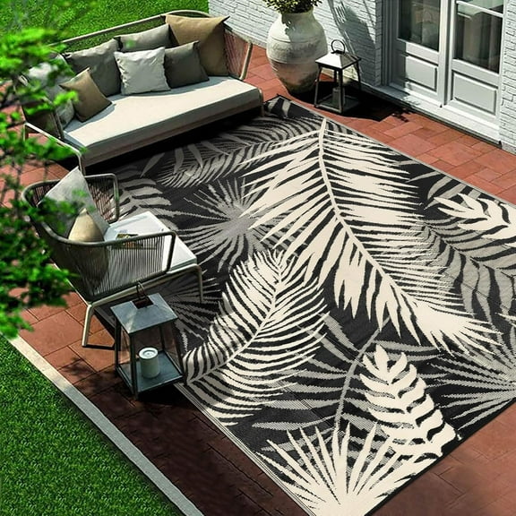 Outdoor Rug Waterproof for Patios Clearance, Reversible Outdoor Plastic Straw Rug Camping Carpet, Outside Floor Mats Large Area Rugs for RV,Patio,Deck,Porch,Beach, Balcony,8'x10',Black&Beige