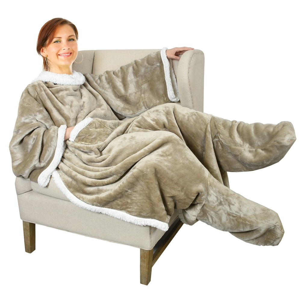 Sherpa Wearable Blanket with Sleeves & Foot Pockets for Adult Women Men