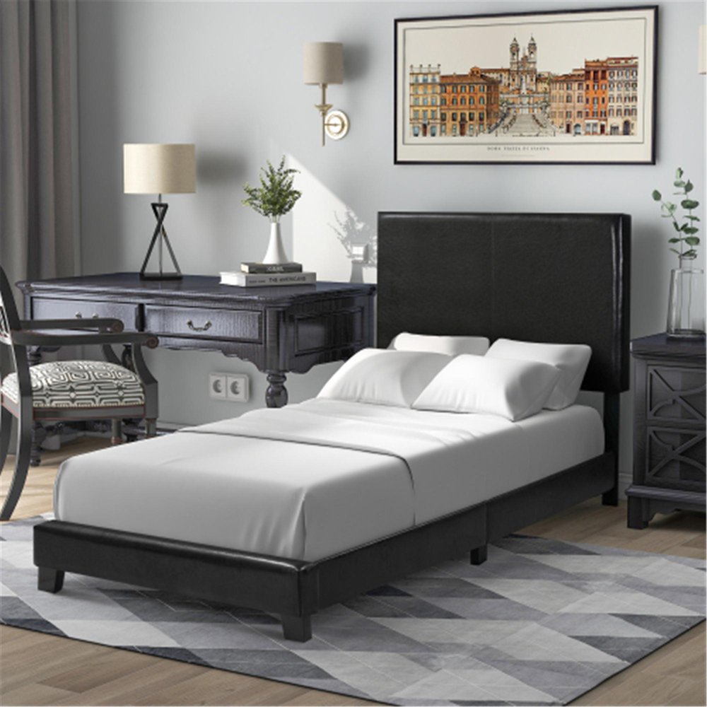 Black Leather Upholstered Platform Bed with Wooden Slats
