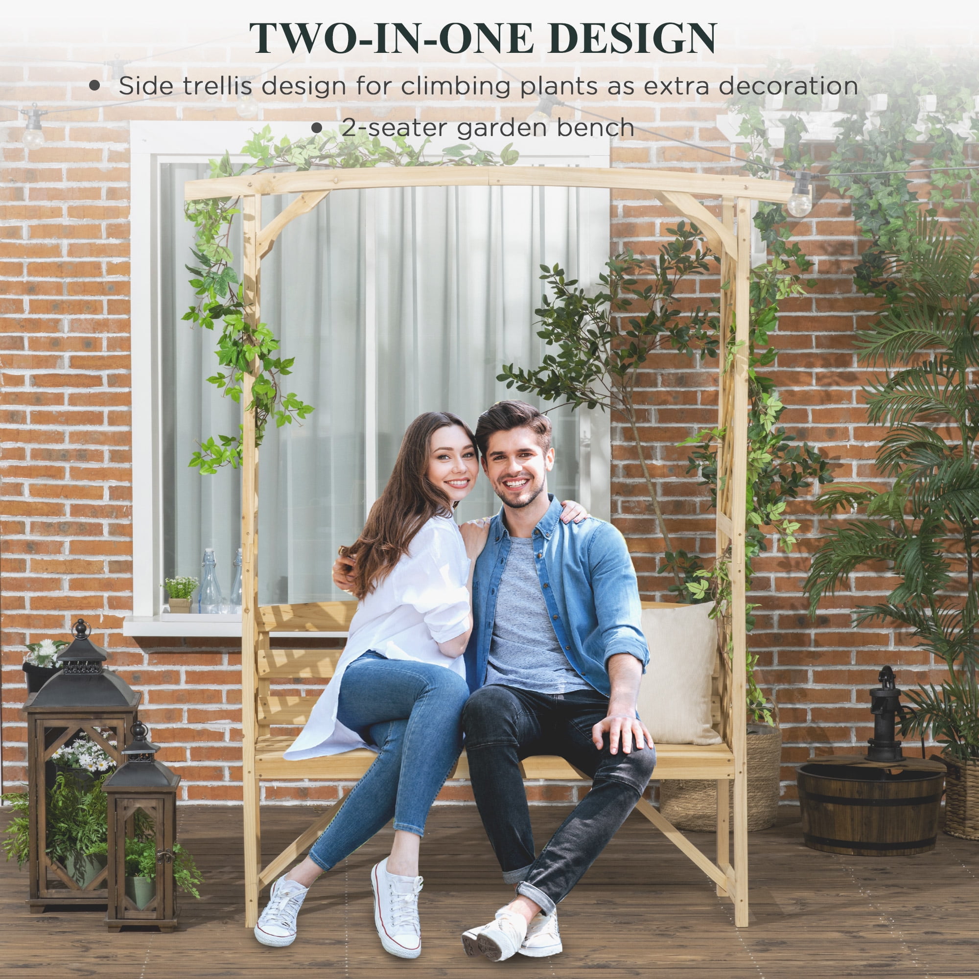 Patio Garden Bench Arbor Arch with Pergola and 2 Trellises, 3 Seat Natural Wooden Outdoor Bench for Grape Vines & Climbing Plants, Backyard Decor, Natural