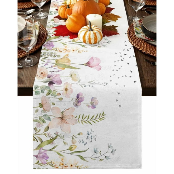 Autumn Botanical Table Runner-Cotton Linen- 70 Inch Holiday Dresser Scarves, Fall Flower Floral Eucalyptus Leaves Birds Tablerunner for Kitchen Coffee/Dining Living Room Dinner Scarf Décor 13x70