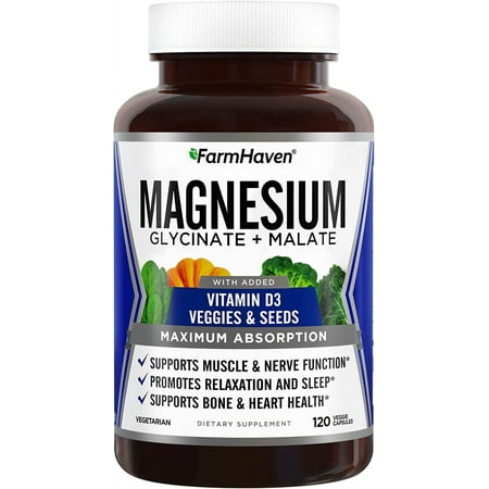 FarmHaven Magnesium Glycinate & Malate Complex w/Vitamin D3  100% Chelated for Max Absorption  Vegan Bone Health  Nerves  Muscles  120 Capsules  60 Days
