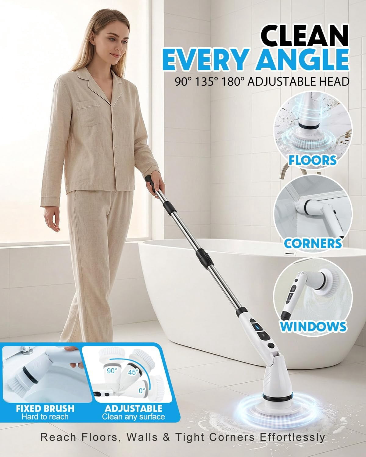 Electric Spin Scrubber, Shower Scrubber with Long Handle, 7 Brush Heads, 2-Speed Cordless Bathroom Cleaning Brush, 54in Extendable Electric Cleaning Brush for Tub, Floor, Kitchen & Barbecue Grill