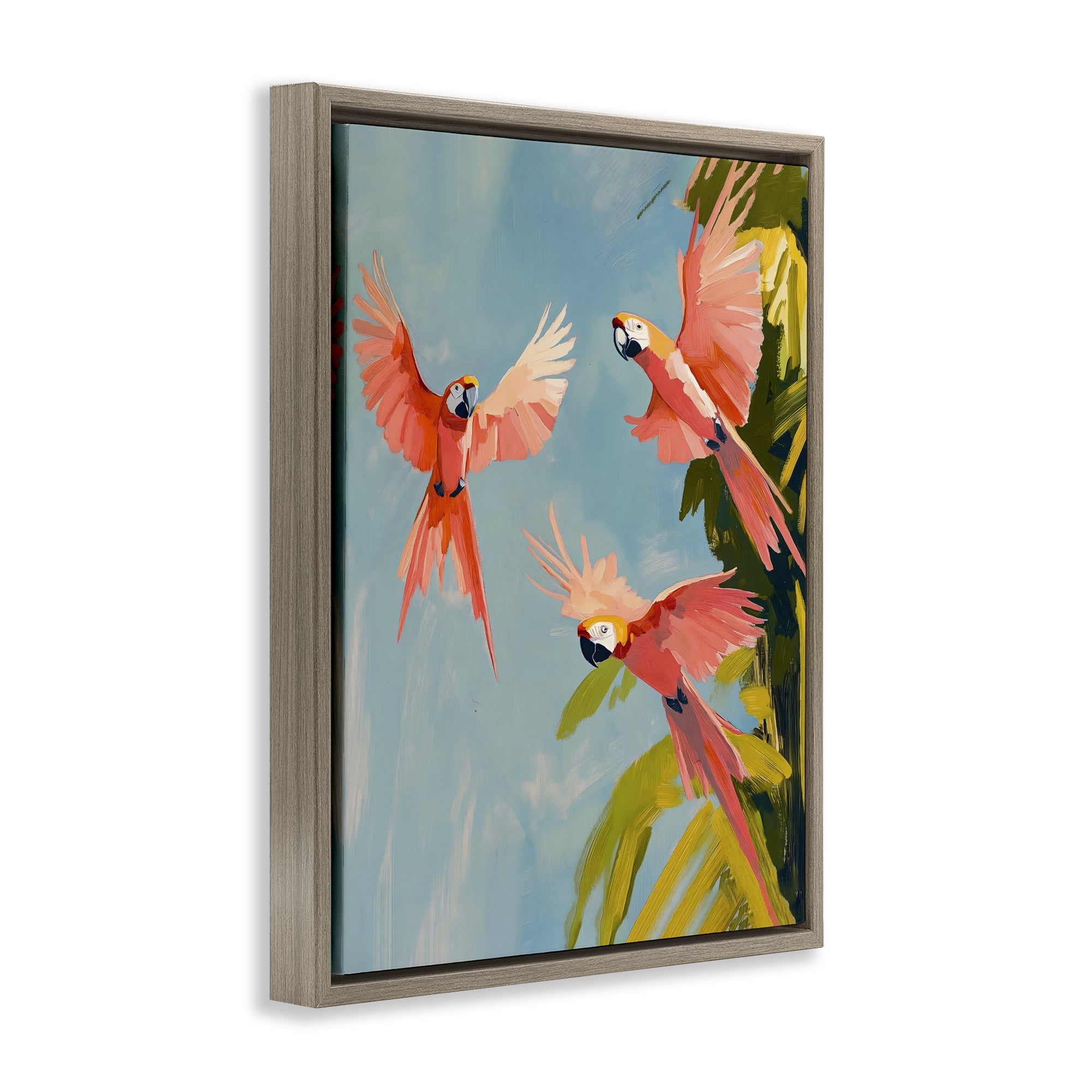 Stupell Industries Botanical Parrots in Flight Brown Framed Floater Canvas Wall Art, design by The Prints Vibe