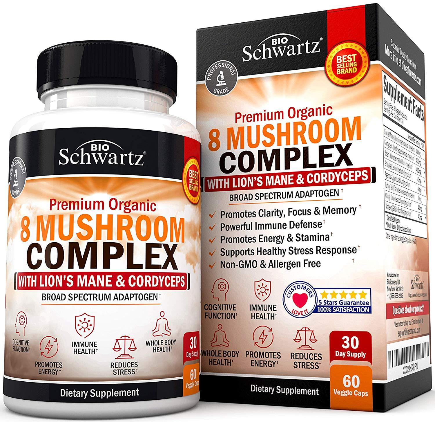 Premium Organic 8 Mushroom Complex Supplement with Lions Mane & Cordyceps- Nootropic for Focus ...