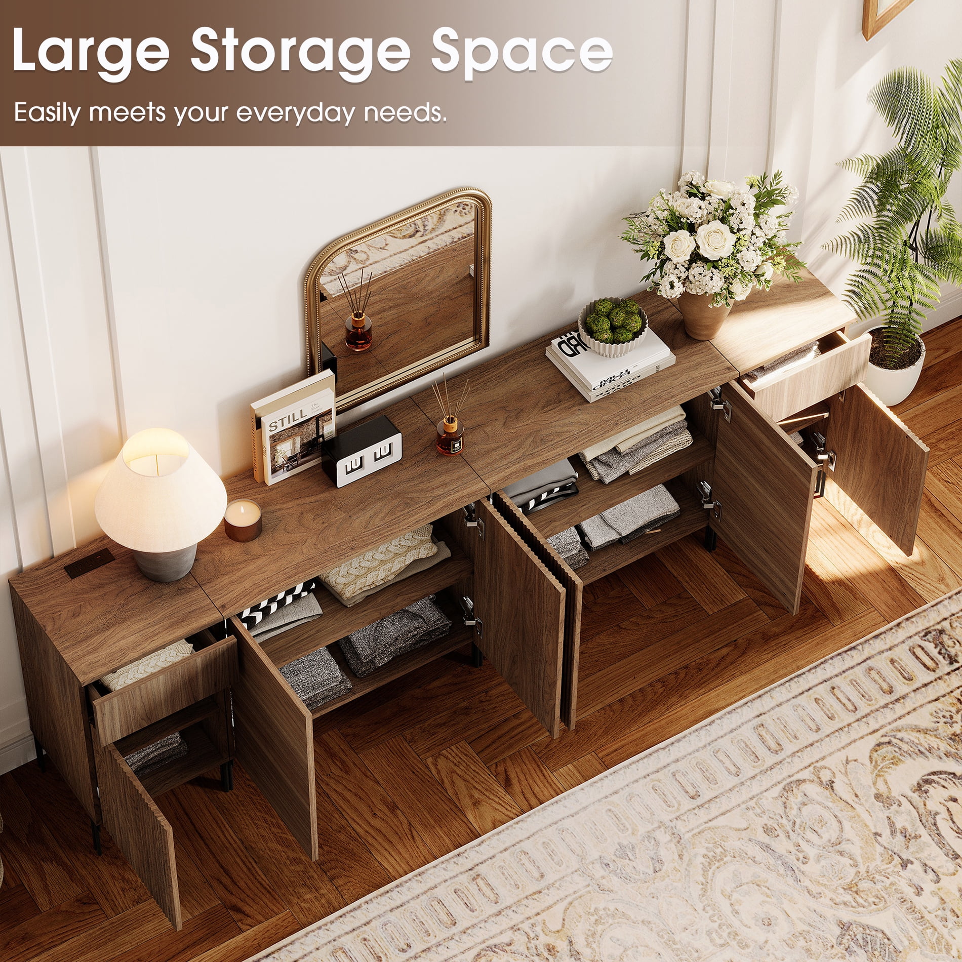 94.5" Modern Wood Reeded Drawer Dresser with Doors, Minimalist Dresser Organizer Storage Cabinet With Charging Station for Bedroom,Living room, Entryway