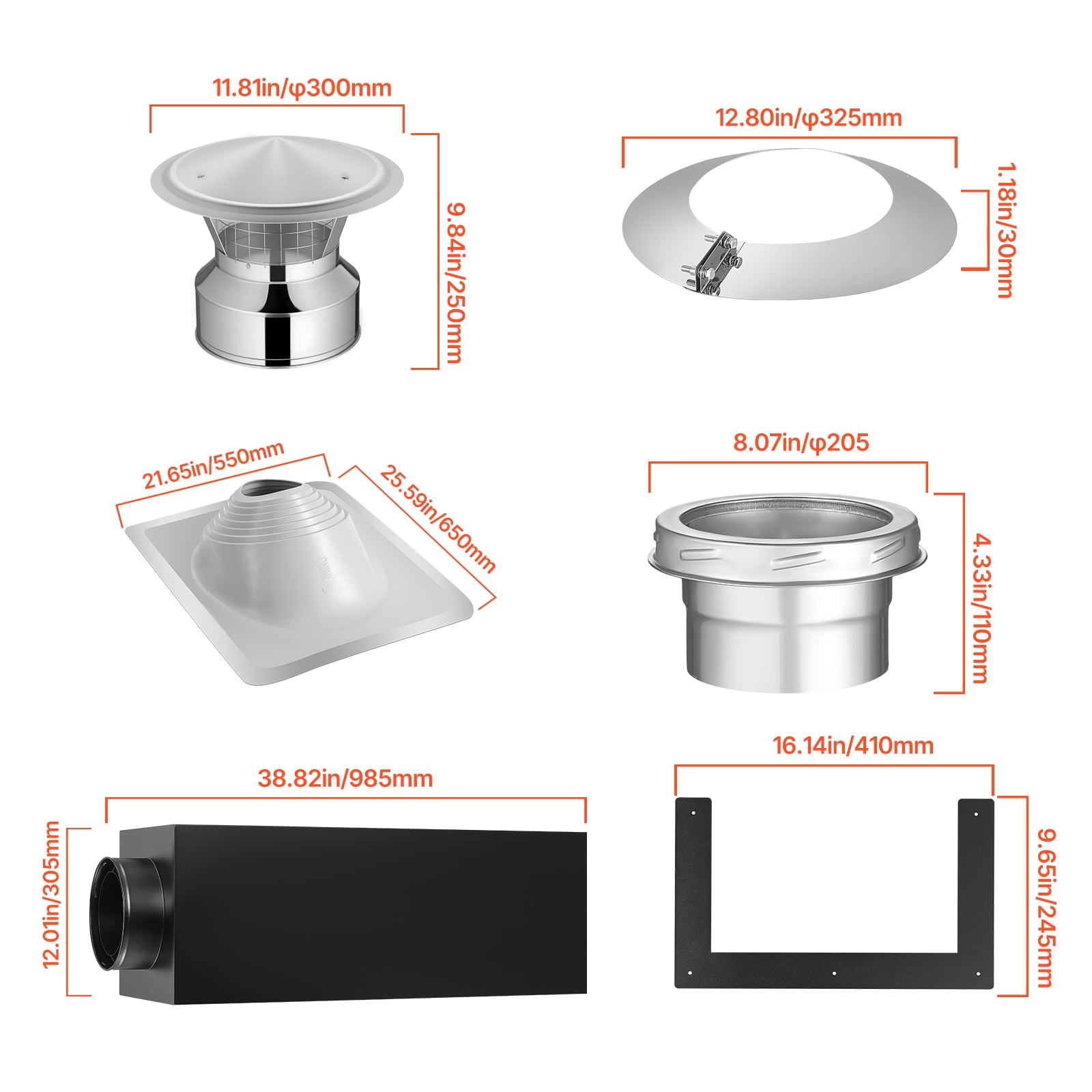 KFFKFF 6-Inch Chimney Pipe Wall Kit, Stainless Steel Through-Wall Installation Kit with Rain Cap and Roof Flashing for 30-45 Degree Roof Angles (Excludes Straight Pipe)
