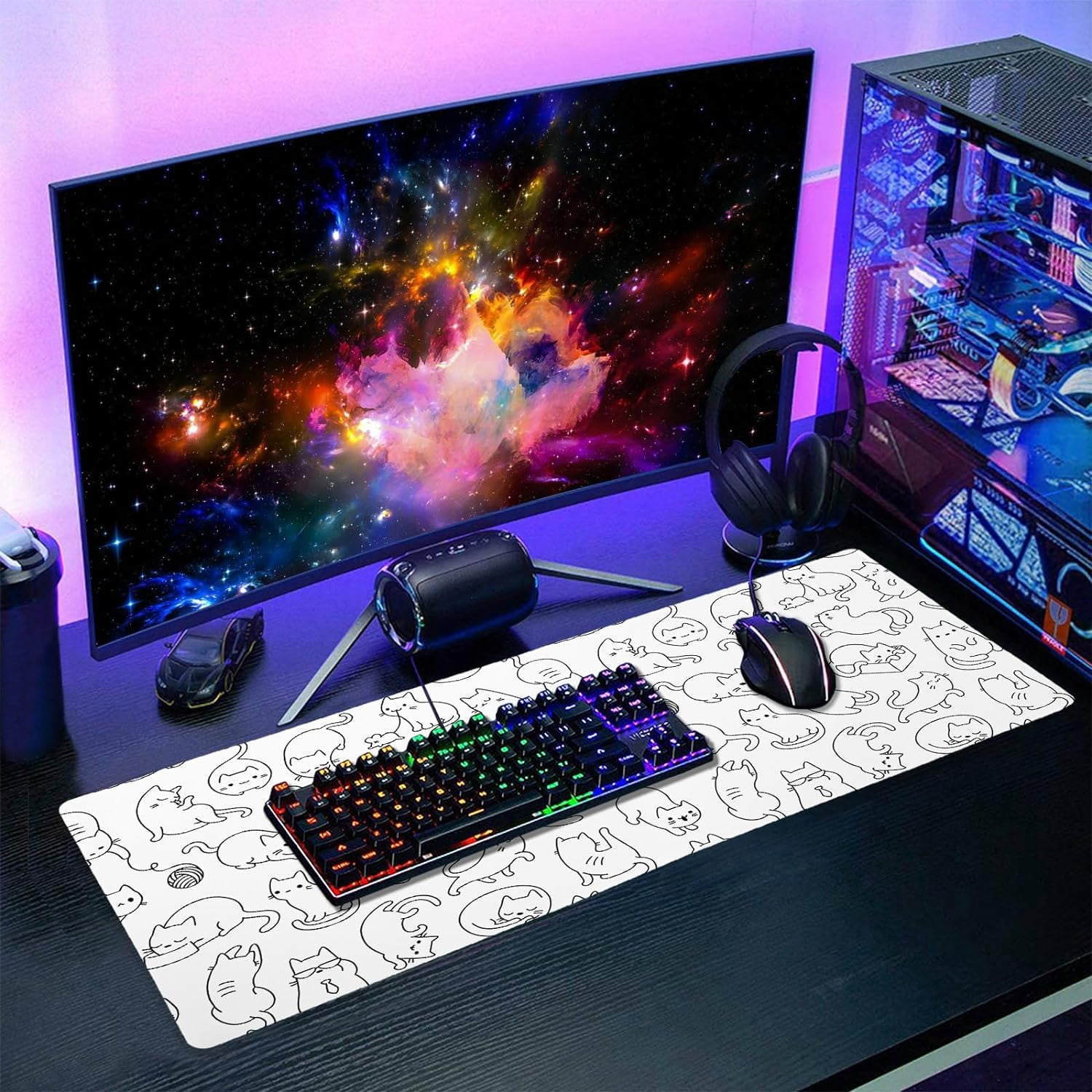 White Cute Cat Gaming Mouse Pad XL Kawaii Kittens Anime Aesthetic Extended Big Large Desk Mat Non-Slip Rubber Base Stitched Edge Long Keyboard Mousepad for PC Computer Laptop,31.5×11.8 in
