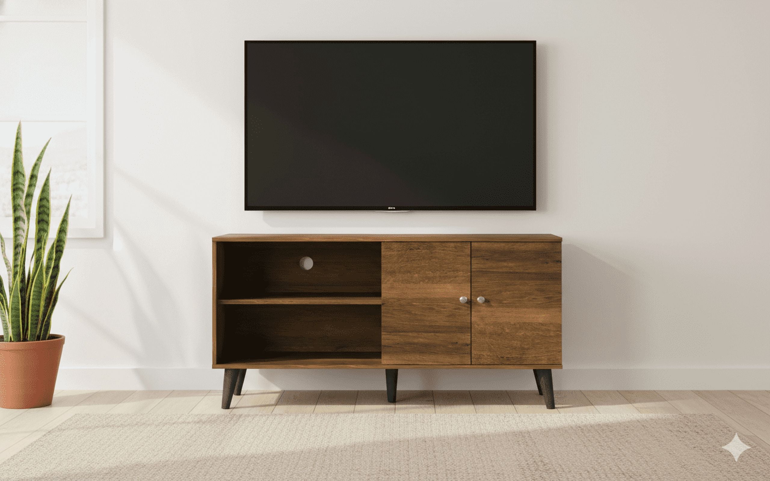 Mintazer 47.3" Mid-Century Modern TV Stand with Open Storage, Media Entertainment Centre with Cable Hole & 2 Door Cabinet, Brown