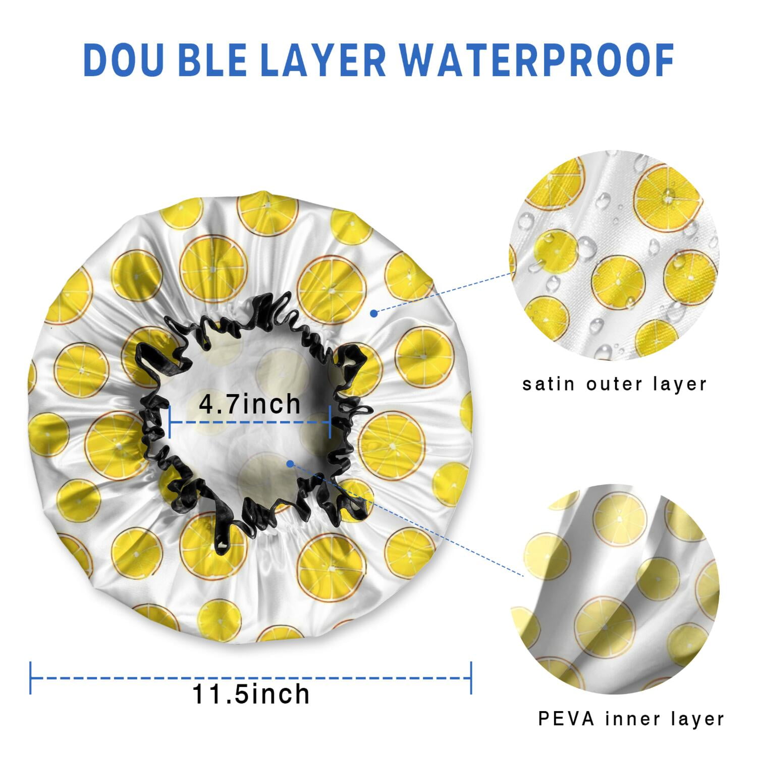 Shower Caps,Yellow Lemon Fruit Slices White Pattern Waterproof Shower Cap for Women 4 Pieces,Double Reusable Hair Cover for Shower PEVA Elastic Stretch Hem
