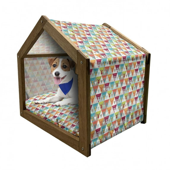 Indie Pet House, Triangles Pattern with Deer Elk Portraits Geometric Colorful Funky Hipster Tile Urban, Outdoor & Indoor Portable Dog Kennel with Pillow and Cover, 5 Sizes, Multicolor, by Ambesonne