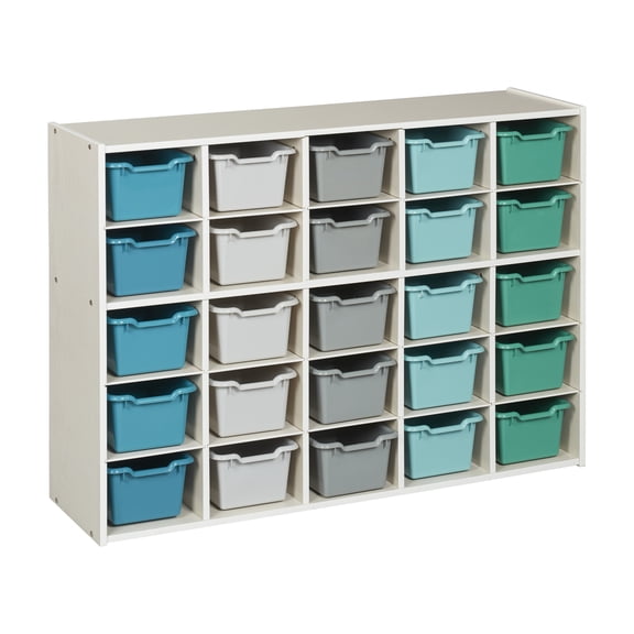 ECR4Kids Streamline 25 Cubby Tray Cabinet and 25 Scoop Front Bins, 5x5, Kids Furniture, White Wash
