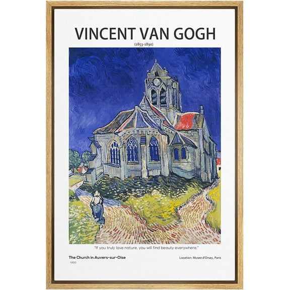 PixonSign Framed Canvas Print Wall Art Vincent Van Gogh Watercolor Church in Auvers Classic Vintage Illustrations Fine Art Decorative Multicolor for Living Room, Bedroom, Office - 24"x36" NATURAL