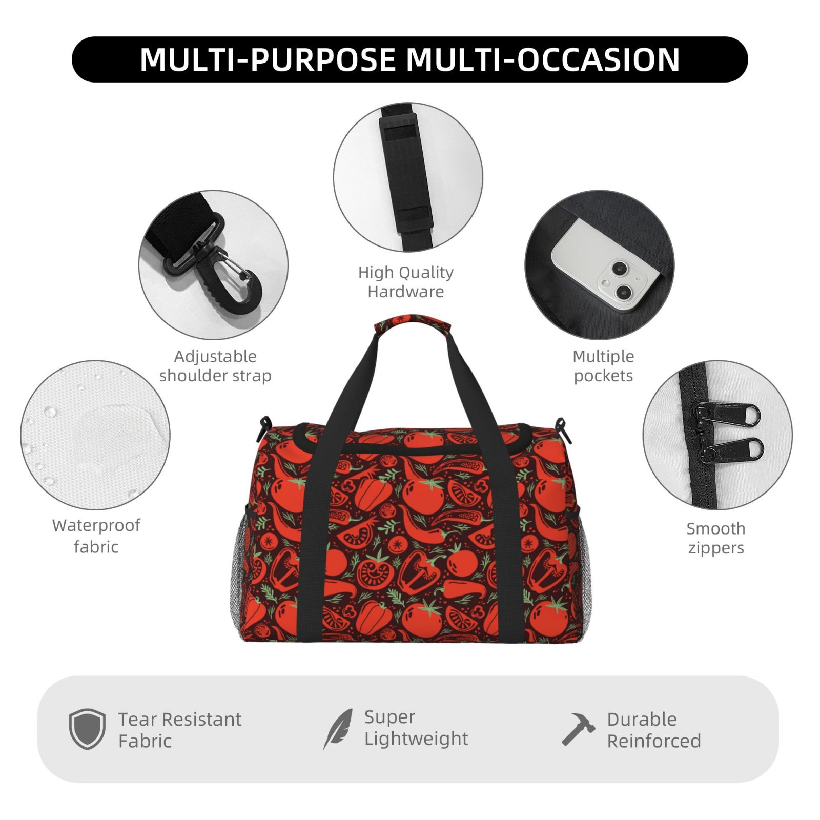 Fuzoiu Tomatoes And Chili Print Travel Duffle Bag,Carry On Tote Bags,Duffel Bag,Sport Gym Bag, Hospital Bag for Labor and Delivery, Overnight Bag,Luggage Bag