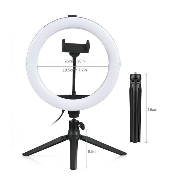 Fill 10 Inch LED Ring Light Video Conference Lighting 3 Lighting Modes 11 Levels Adjustable Brightness USB Powered With Desktop Tripod Flexible Phone Holder Ballhead Adapter
