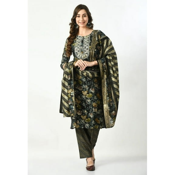 S MAJIDA Kurta Set for Women Floral Polyster Blend Kurta Pant Dupatta with 3/4 Sleeve