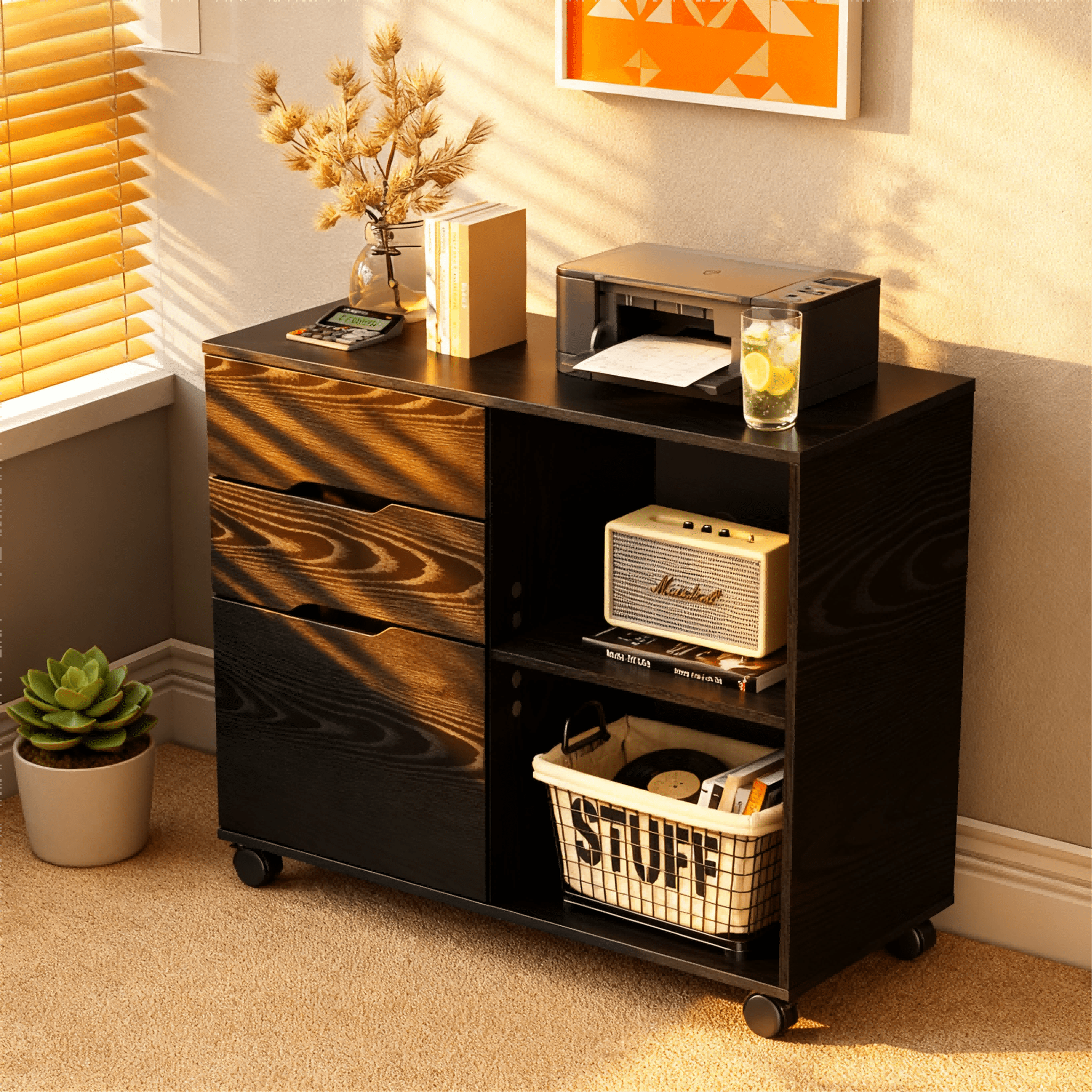 LIFERECORD 3-Drawer Lateral File Cabinet with Wheels, Mobile Rolling File Cabinet with Adjustable Shelf, Printer Stand for Home Office, Under Desk Storage Organizer, Wood Filing Cabinet Black