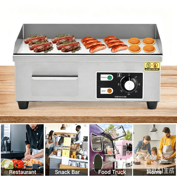Commercial Flat Top Grill, Electric Griddle with 2 Shovels & 2 Brushes, 1600W, 122℉-572 ℉, Adjustable Temp