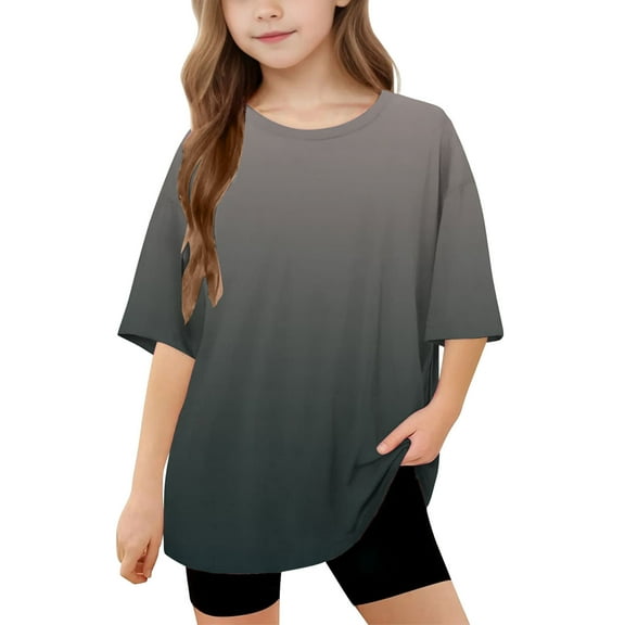 AUNVITO Girls Short Sleeve T shirt Kids Summer Oversized Gradient Crew Neck Tops Casual Basic Tee 5-14Years