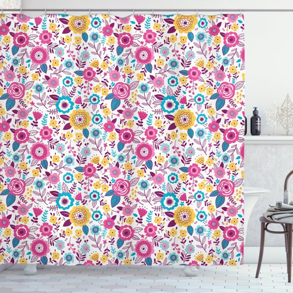 Floral Shower Curtain, Wild Meadow Flowers in Blossom and Leaves with Colorful Ornamental Art, Fabric Bathroom Set with Hooks, 69W X 70L Inches, Multicolor, by Ambesonne