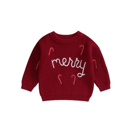 

aturustex Baby Christmas Sweaters Long Sleeve Candy Cane Embroidery Pullovers