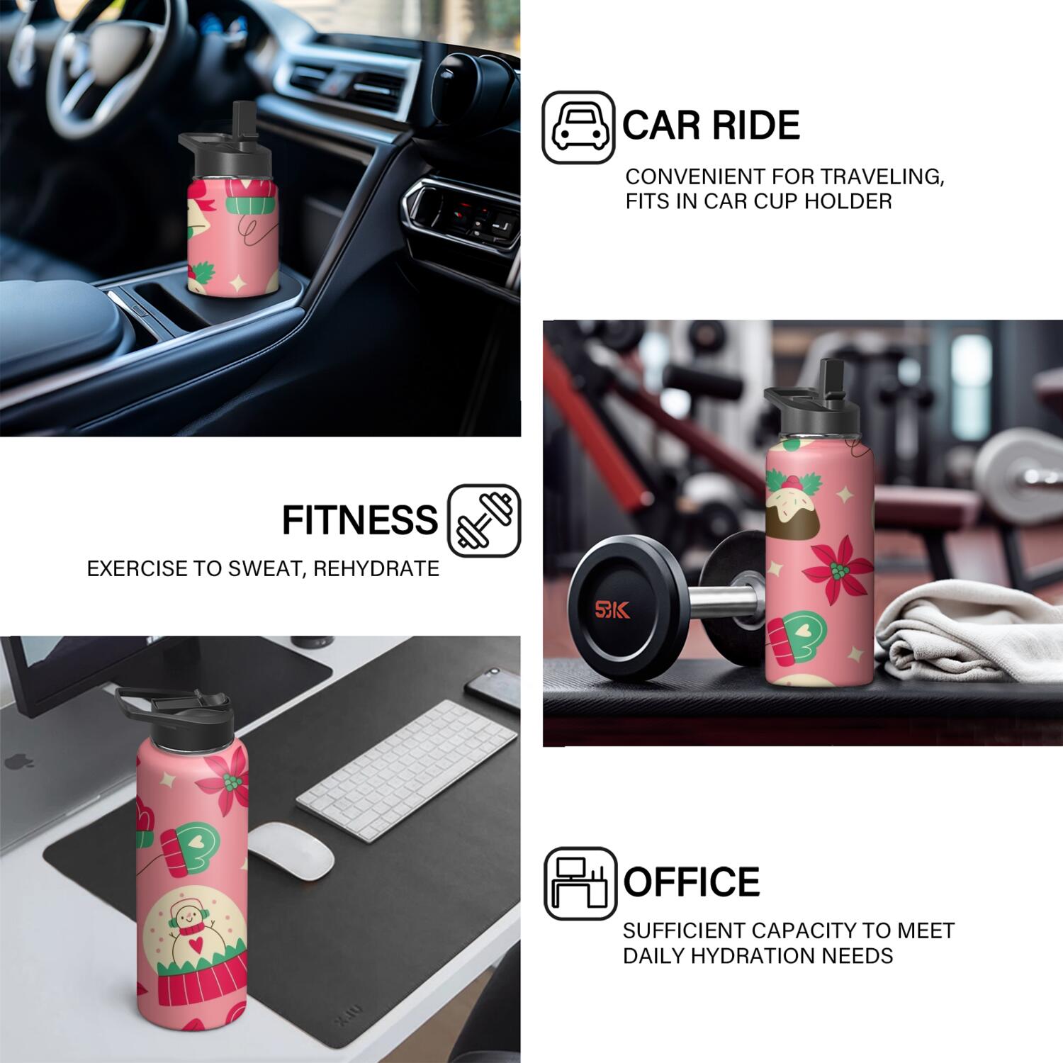 Christmas 18 oz Insulated Stainless Steel Water Bottle with Straw & Cleaning Brush , Leakproof, BPA-Free, 304 Stainless Steel, Wide Mouth, Travel Mug for Car, Gym, Office
