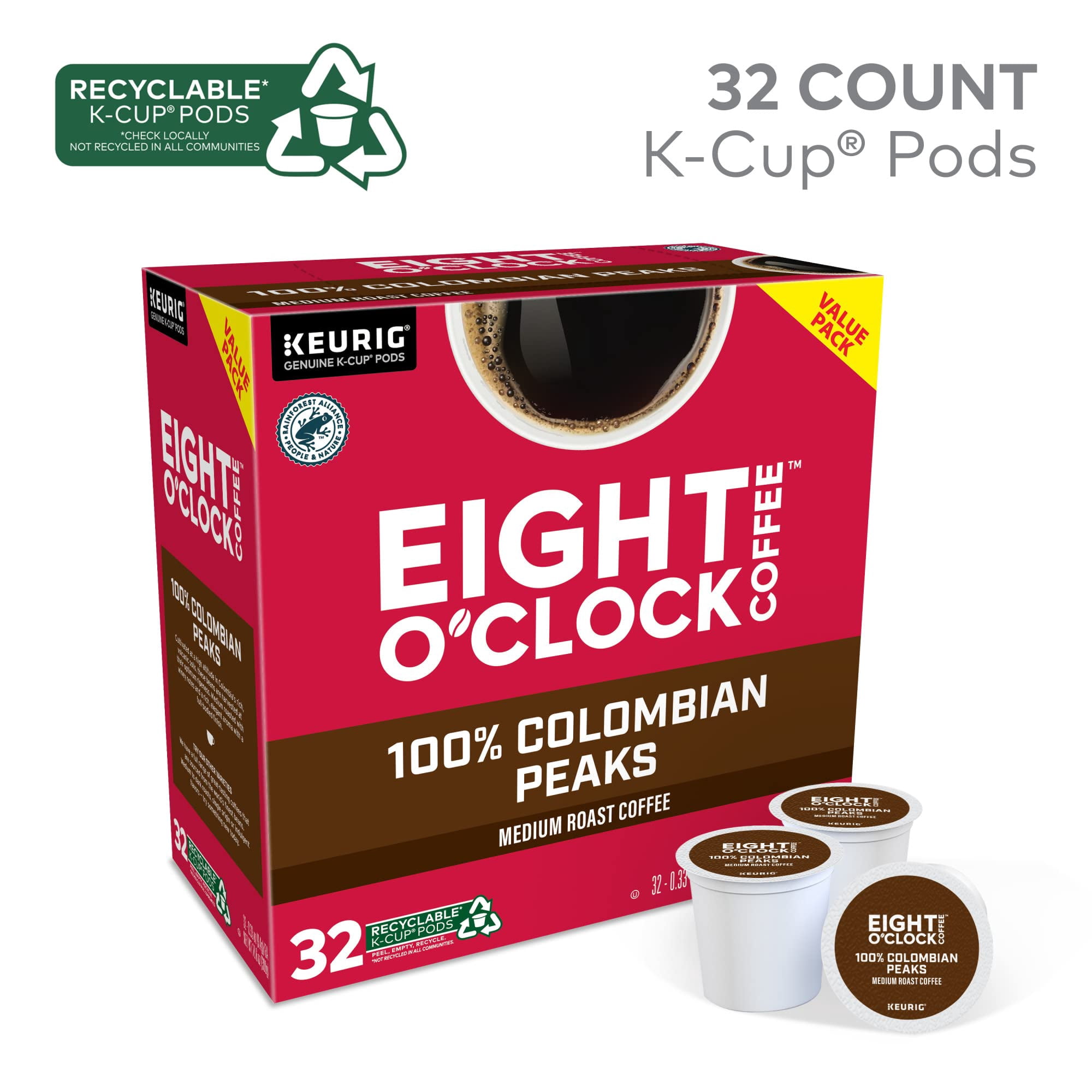 Eight O,Clock Coffee Colombian Peaks Single-Serve Keurig K-Cup Pods, Medium Roast Coffee Pods, 32 Count
