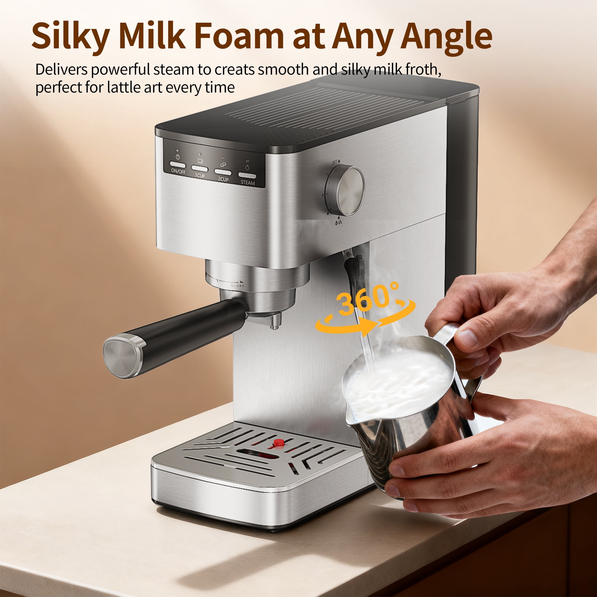 Espresso Machine 15 Bar, Milk Frother Steam Wand for Authentic Single & Double Espresso, Lattes & Cappuccinos with 47oz Removable Water Tank for Home Office Kitchen