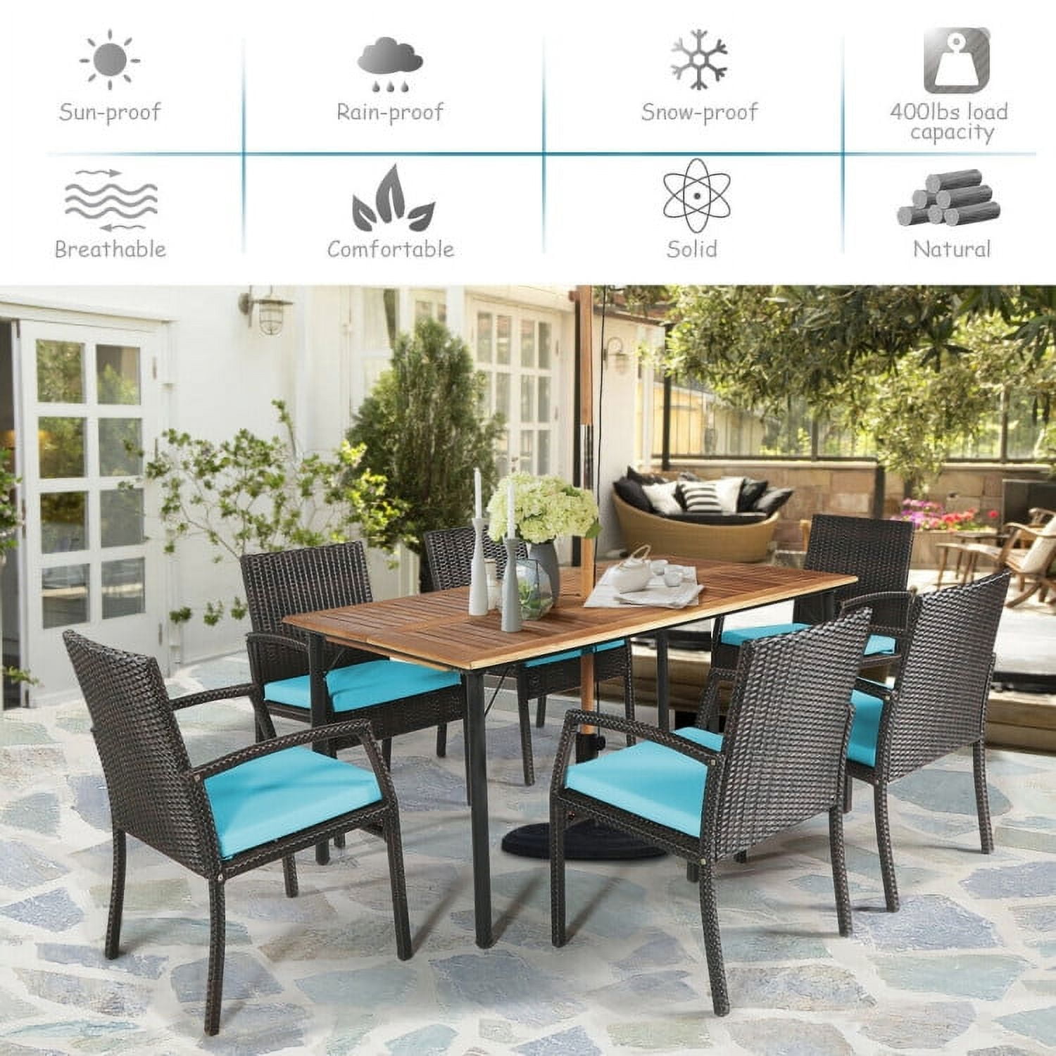 Aimee Lii 7Pcs Patio Rattan Cushioned Dining Set with Umbrella Hole, Outdoor Patio Furniture, Turquoise Aimee Lii 7Pcs Patio Rattan Cushioned Dining Set with Umbrella Hole, Outdoor Patio Furniture, Turquoise