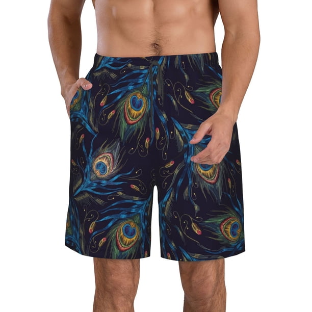 Balery Peacock Feathers Traje de Baño Estilo Hawaiano para Hombre, Shorts de Secado Rápido con Bolsillos-X-Large