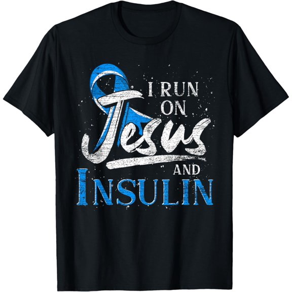 Blue Ribbon I Run On Jesus And Insulin Diabetes Awareness T-ShirtMen's and women's gift, black and white T-shirt, size: Extra large S-4XL