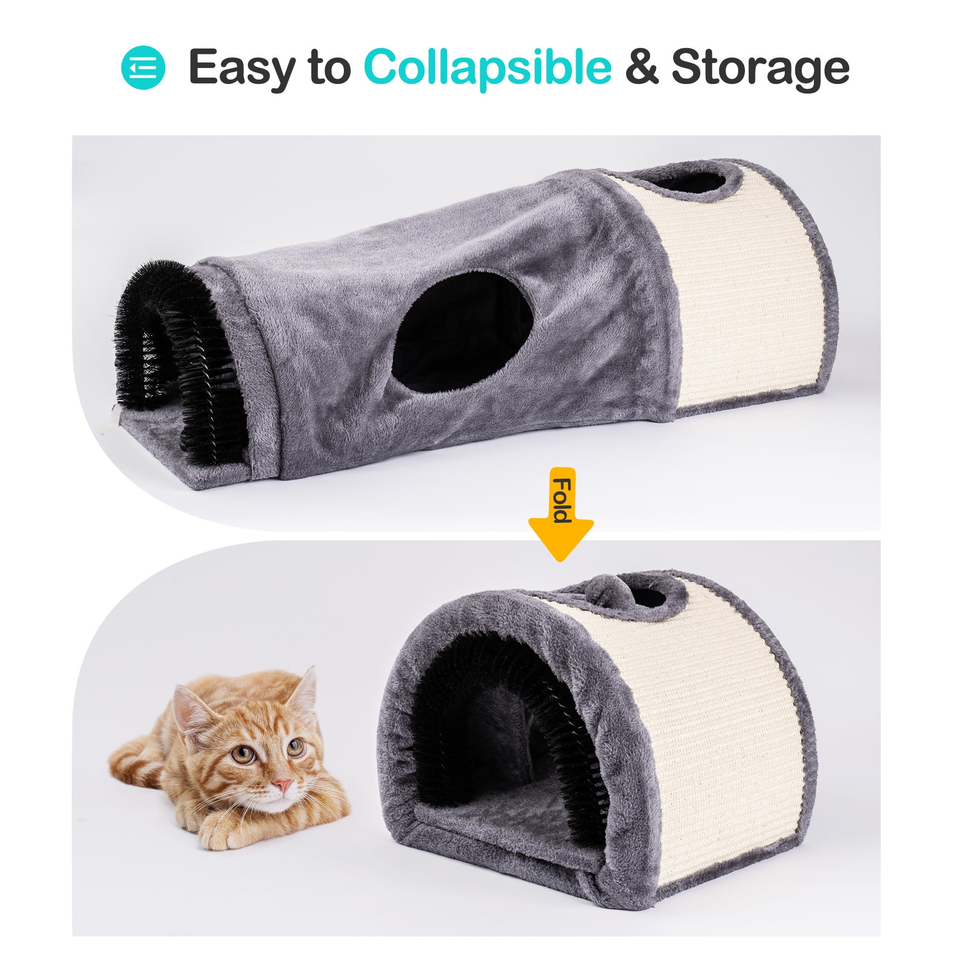 Private Jungle Cat Tunnel Cat House Sisal Scratching Bed with Self Groomer Massager Plush Balls Collapsible, Gray Private Jungle Cat Tunnel Cat House Sisal Scratching Bed with Self Groomer Massager Plush Balls Collapsible, Gray