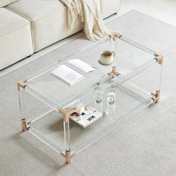Rose Gold Frame Clear Coffee Glass Saint Mossi Modern Glass Coffee Table,Rectangular