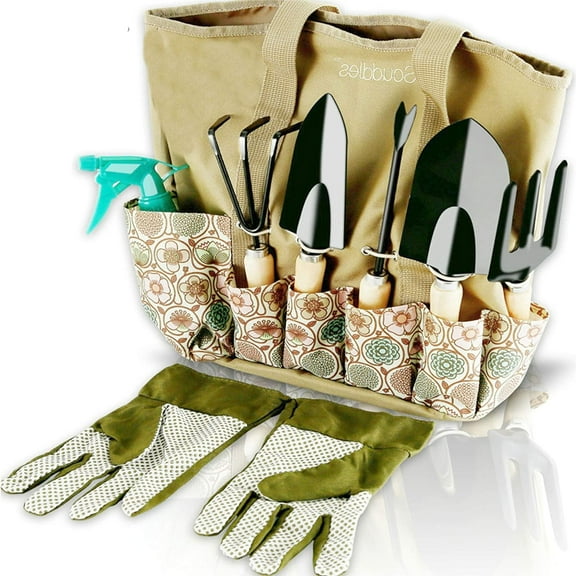 Scuddles Garden Tools Set - 8 Piece Heavy Duty Gardening Kit with Storage Organizer, Ergonomic Hand Digging Weeder Rake Shovel Trowel Sprayer Gloves Gift for Men Or Women
