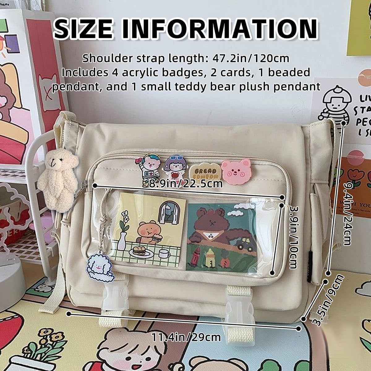 Kawaii Crossbody Ita Bag for Women with Pin & Plush Bear - Japanese Messenger Bags Y2K Shoulder Purse(Blue)