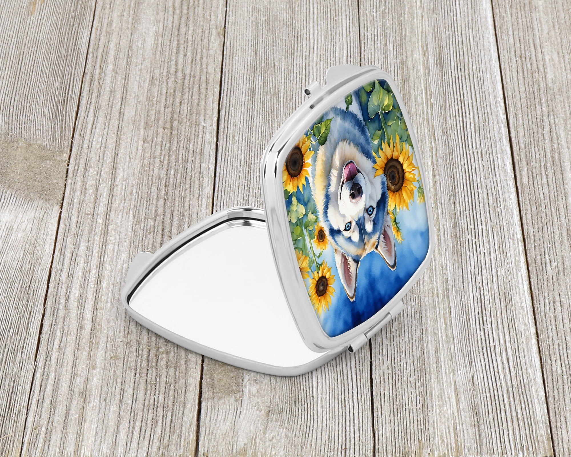Siberian Husky in Sunflowers Compact Mirror 2.75 in x 3 in