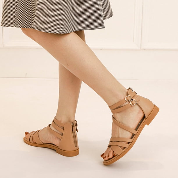 Sandalias Gladiador Cross Strappy Beach para mujeres (37) Caki