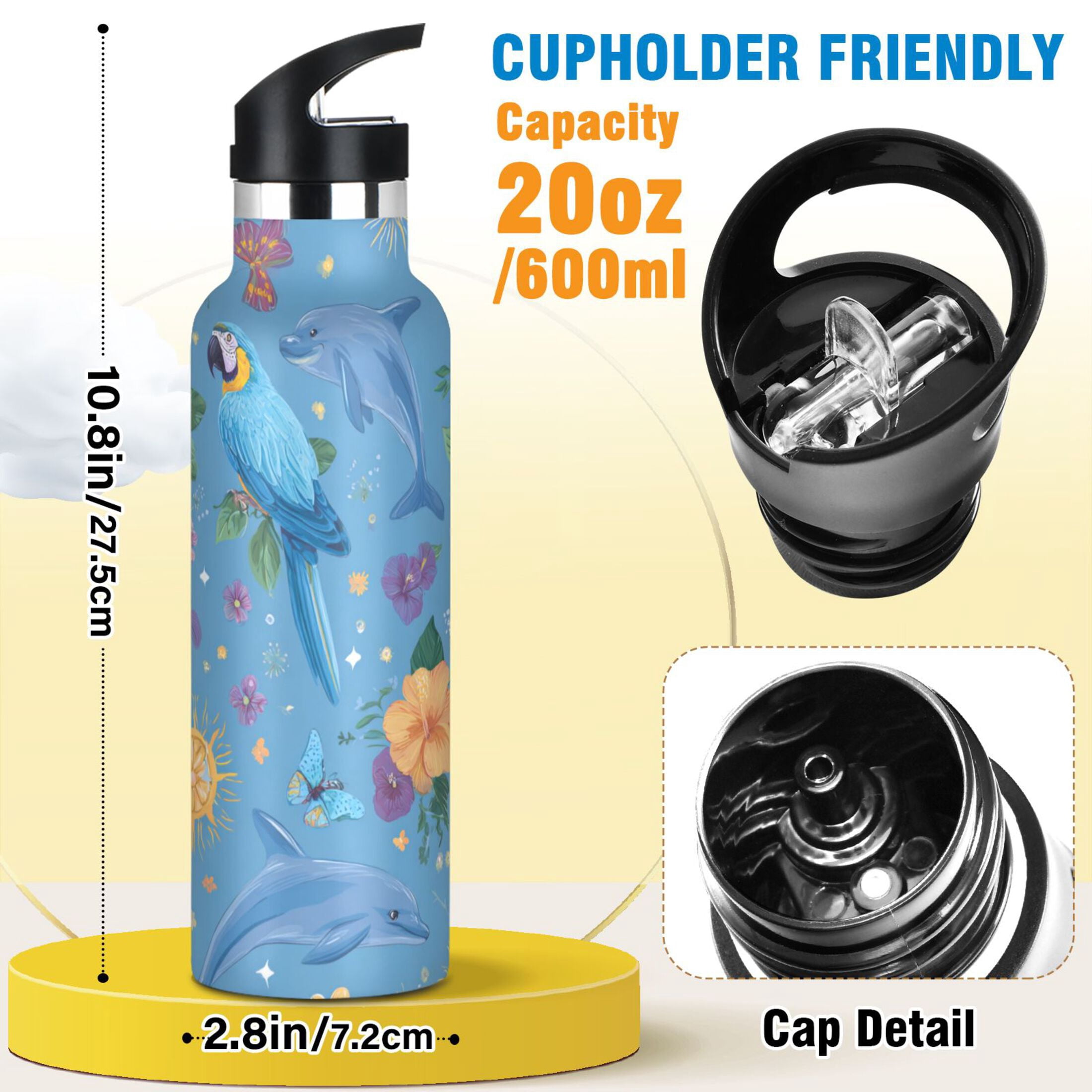 Kids Insulated Stainless Steel Sports Water Bottle 600ml (20oz) Parrots and Dolphins Pattern