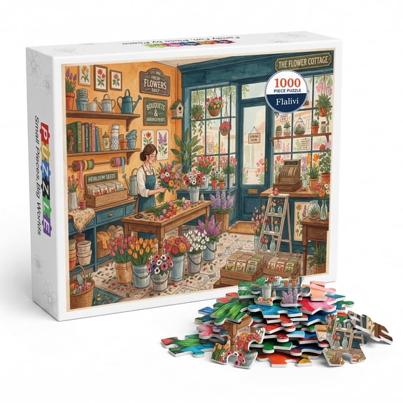 Vintage Flower Shop Jigsaw Puzzle for Adults 1000 Pieces, Charming Cottage Illustration, Premium Thick Cardboard with Matte Finish, Perfect Gift for Garden Lovers