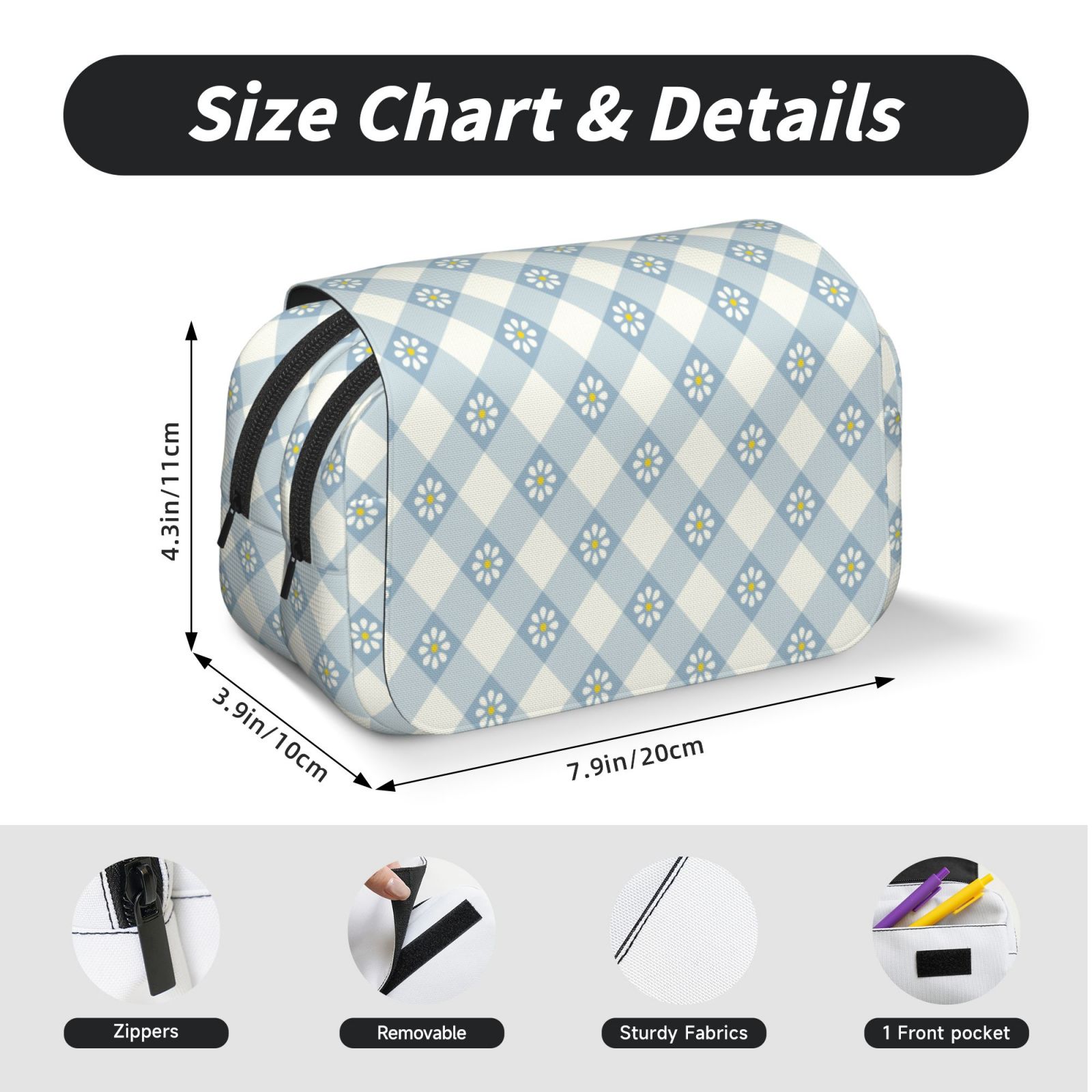 Rateoe Daisy Plaid Blue Pattern Double Clamshell Pen Case, Storage Organizer with Two Zipper Compartments– Holds Up to 50 Pencils & Pens