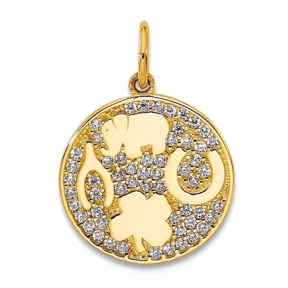 12.8mm 10k Solid Yellow Gold Polished Cubic Zirconia Good Luck Medallion Charm Pendant Necklace for Women