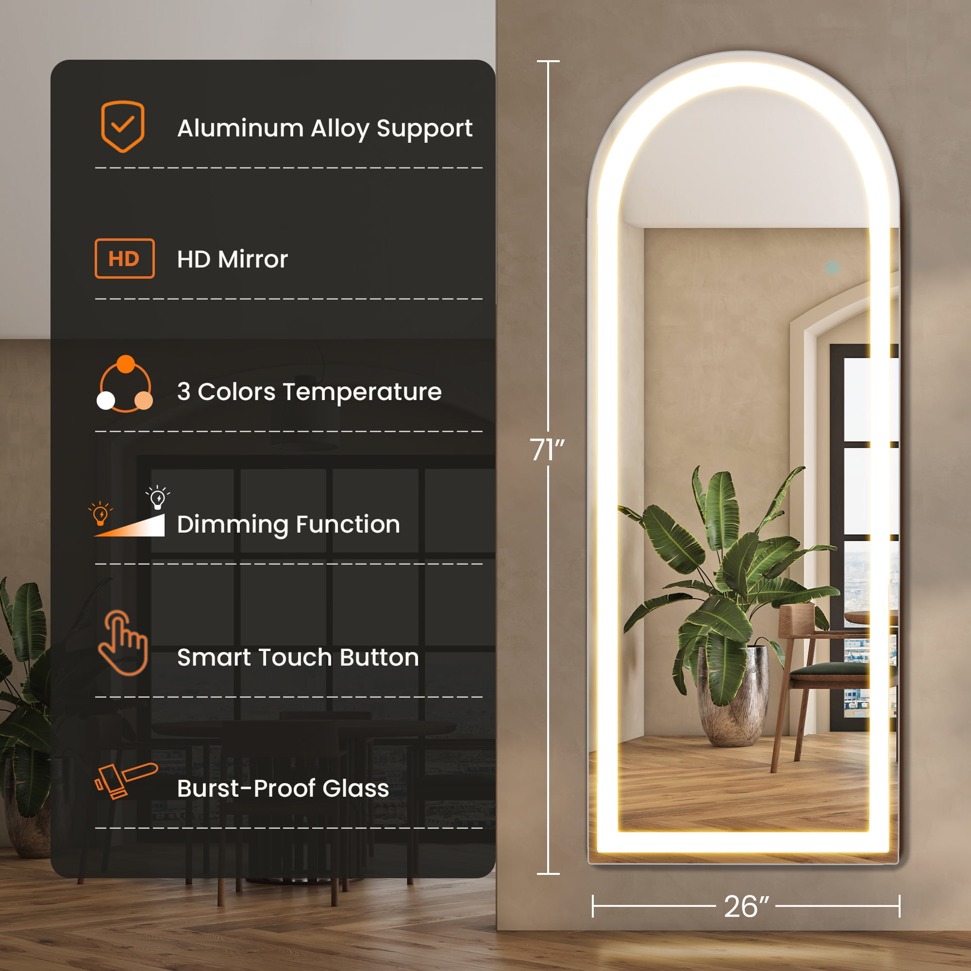 MAYEERTY 64"x21" LED Full Length Mirror, Floor Standing Mirror with Stand, Wall Mounted Hanging