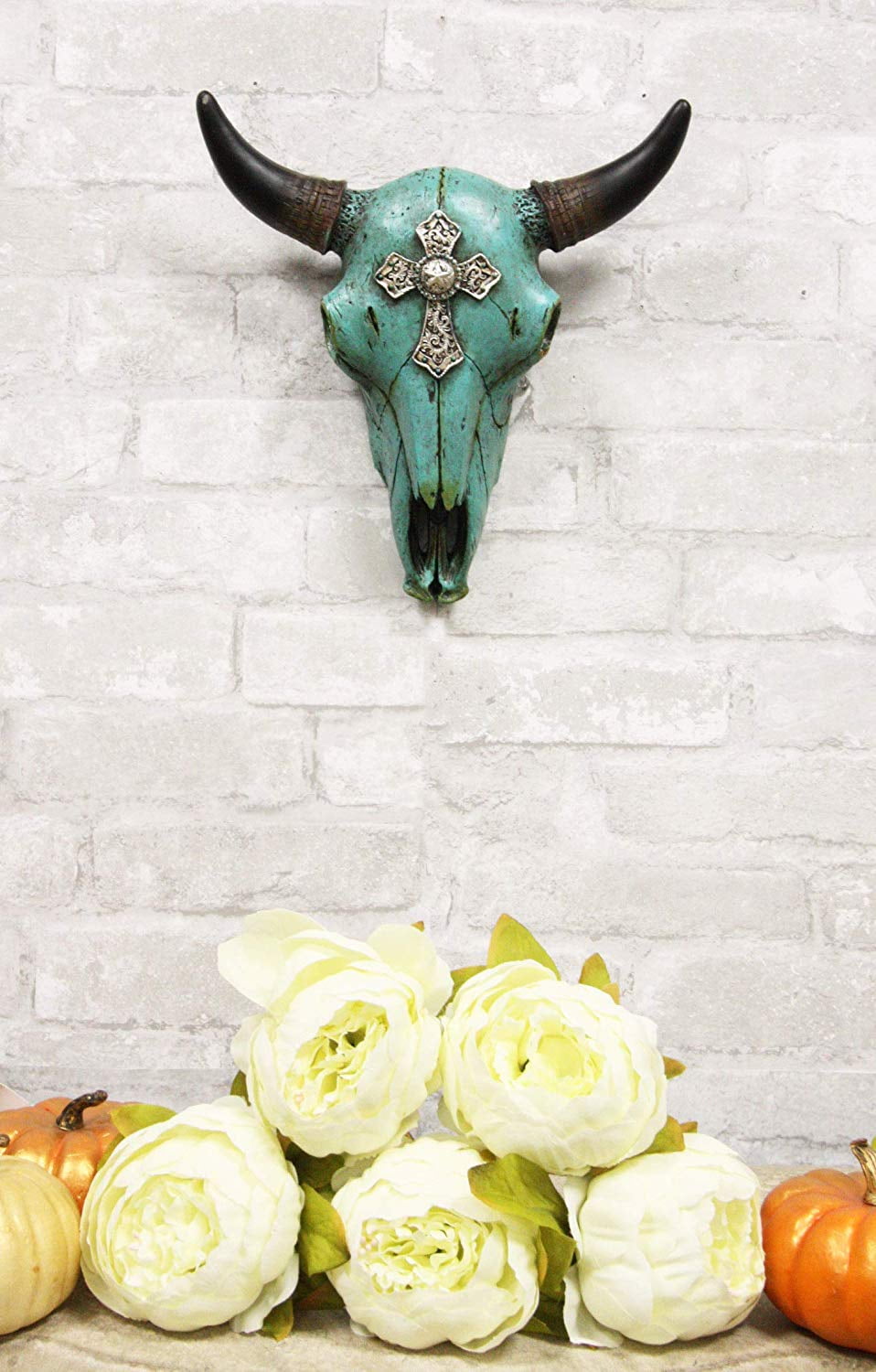 Turquoise Steer Skull with Cross Decorative Wall Sculpture 