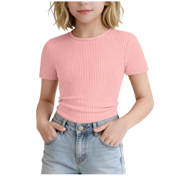 Kukoosong Girl's Ribbed Knit Form-Fitting T-Shirt, Kids Crew Neck Short Sleeve Tee, Stretchy Slim Fit Casual Everyday Summer Tops for Girls