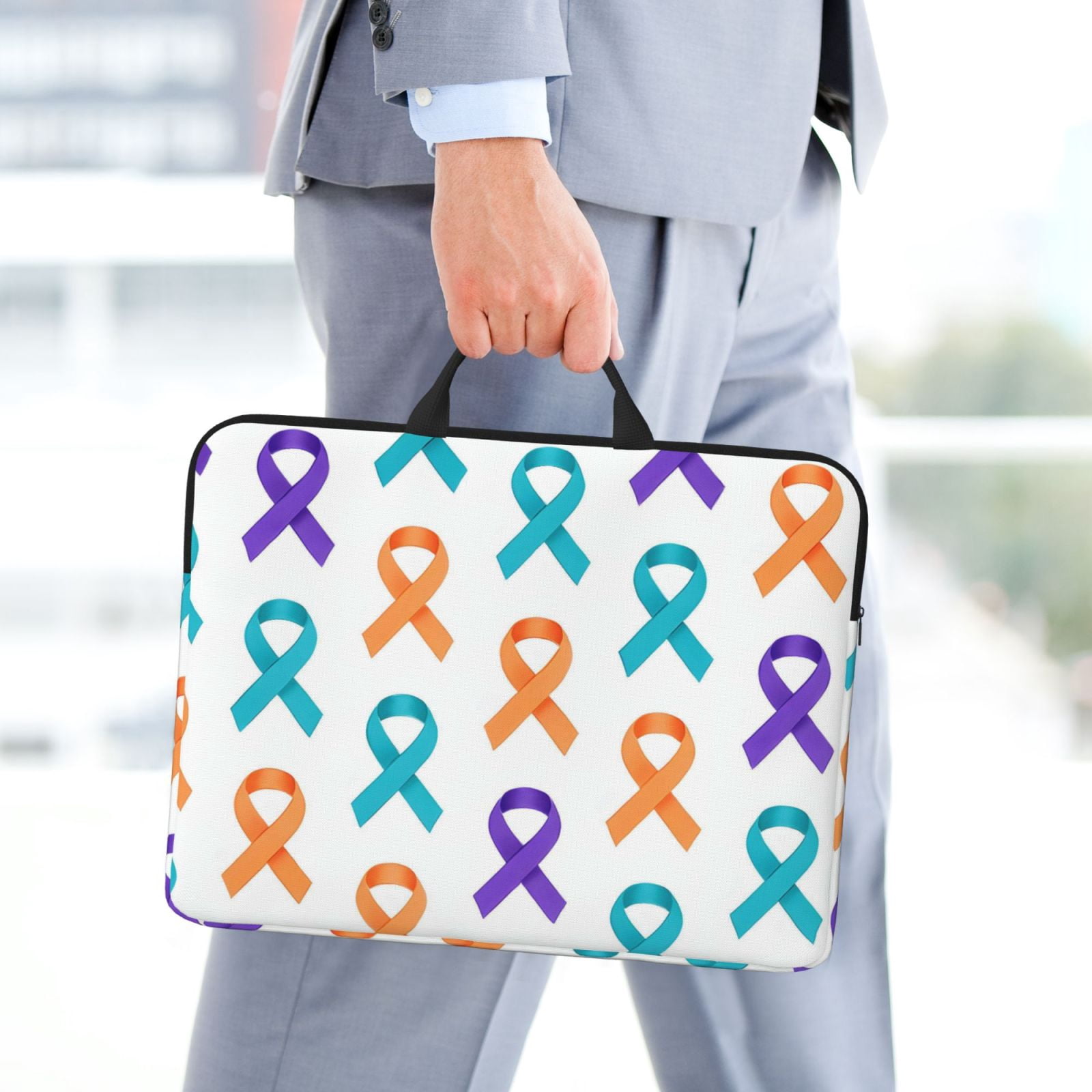Laptop Sleeve Bag For Women Men 14inch Waterproof Durable Protective Computer Carrying Cover Handle Laptop Case Bag Cancer Awareness Ribbon Pattern - Modern Grid