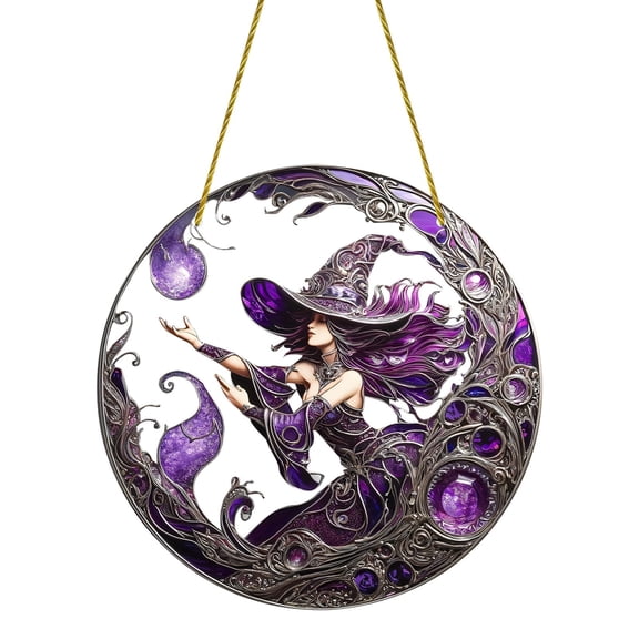 Halloween Moon Witchs Acrylic Suncatcher 7.87inch Window Wall Art Hanging Ornament Painted Colorful Art Crafts Suncatcher for Garden Home Indoor Outdoor Hanging Decor Women Gift