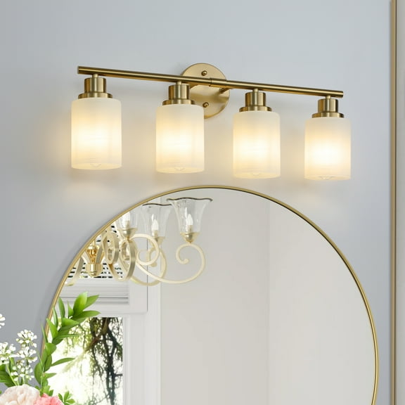 24" Modern 4-Light Vanity Wall Sconce, Golden Finish with Frosted Glass Shades for Bathroom or Hallway Lighting (No Bulbs)