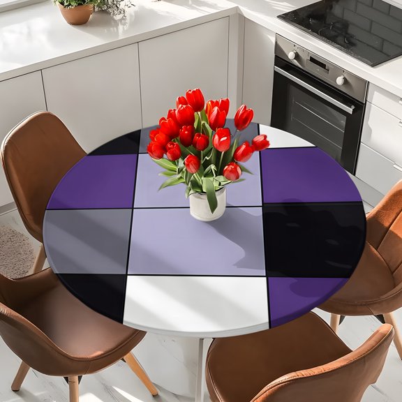 Abstract Patchwork Art Elastic Fitted Round Tablecloth Purple Waterproof Outdoor Table Cover for Holiday Party, Picnic, Patio & Dining Fits Tables Up to 45"-54"